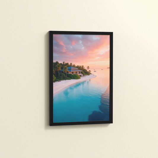 Side View of Sunlit Shore – Pretty Beach with Nature in Wall Frame in Black Color Frame