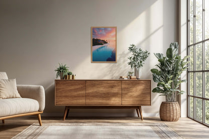 Living Room Cabinet Preview of Sunlit Shore – Pretty Beach with Nature in Wall Frame in Natrual Color Frame