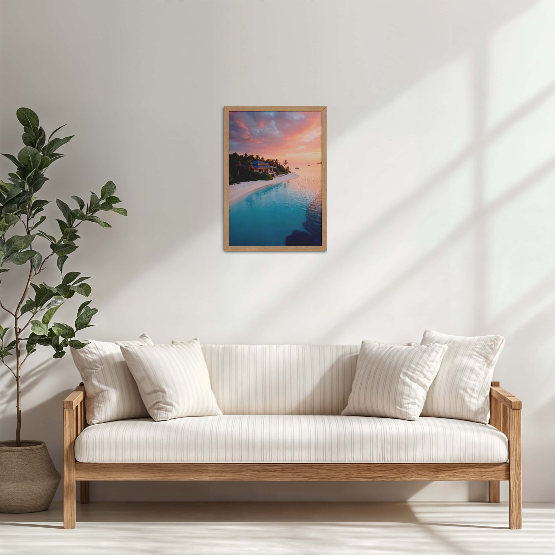 Living Room Cabinet Table Preview of Sunlit Shore – Pretty Beach with Nature in Wall Frame in Natrual Color Frame