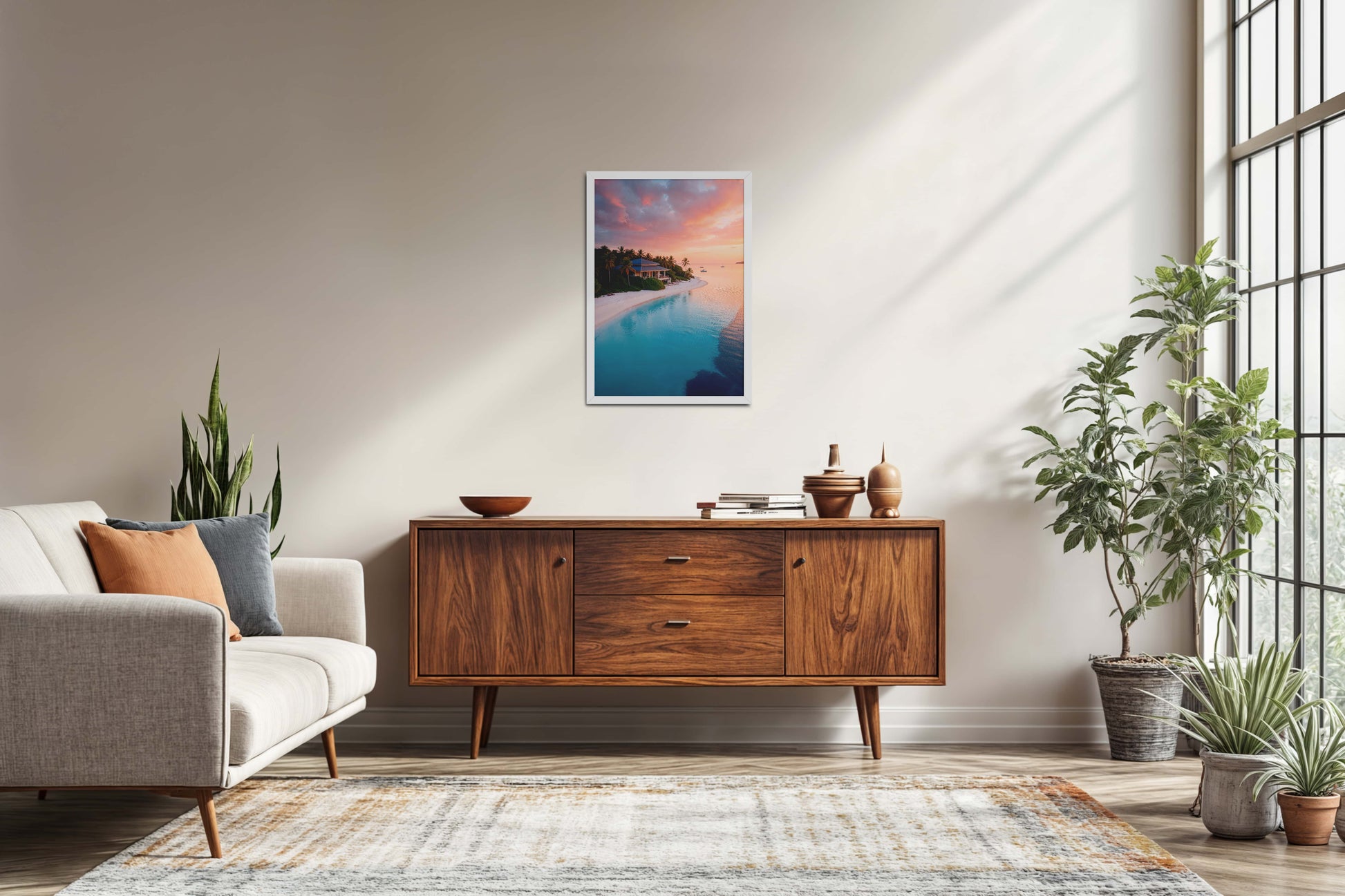 Living Room Sofa Preview of Sunlit Shore – Pretty Beach with Nature in Wall Frame in White Color Frame