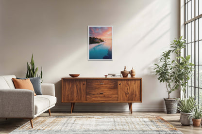 Living Room Sofa Preview of Sunlit Shore – Pretty Beach with Nature in Wall Frame in White Color Frame