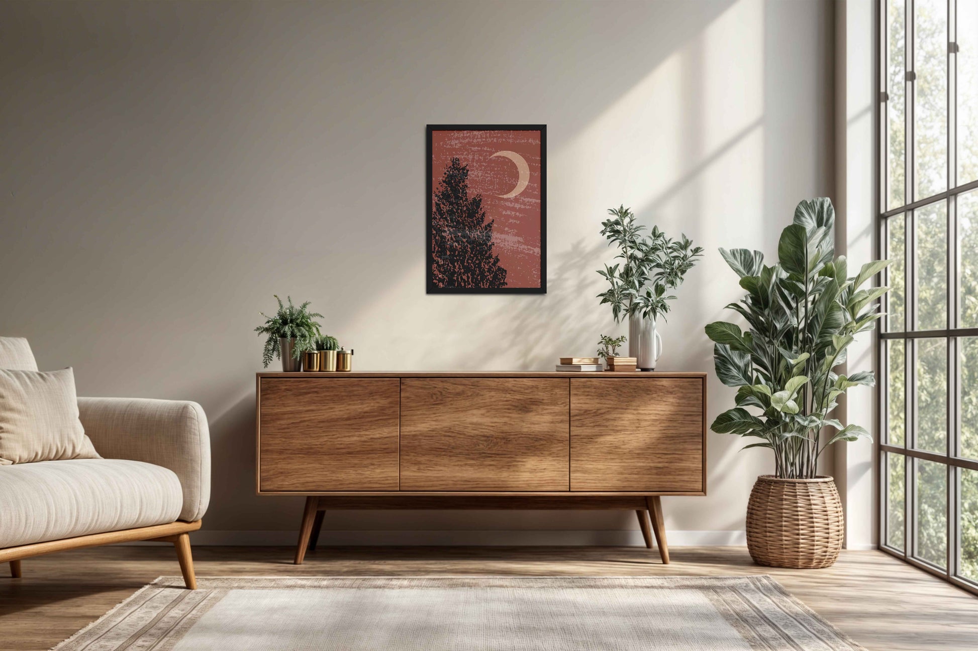 Living Room Cabinet Preview of Sacred Moon & Tree – Boho-Inspired Wall Decor in Black Color Frame