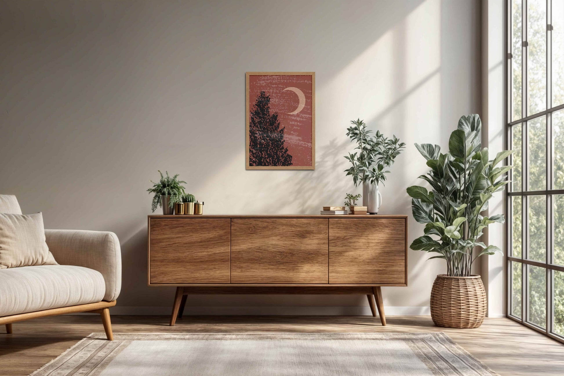 Living Room Cabinet Preview of Sacred Moon & Tree – Boho-Inspired Wall Decor in Natrual Color Frame