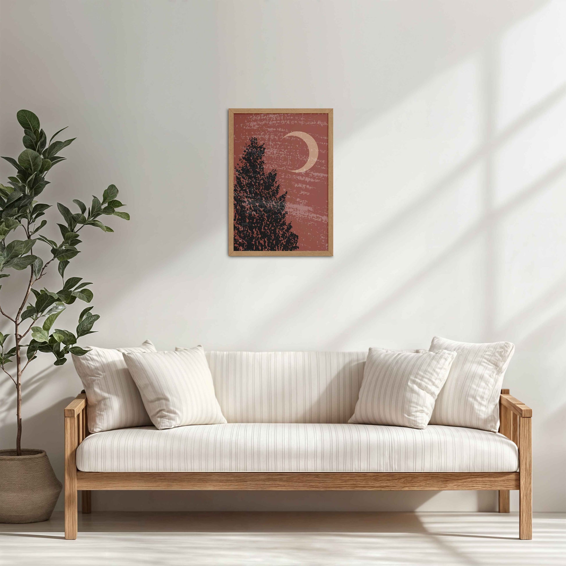 Living Room Cabinet Table Preview of Sacred Moon & Tree – Boho-Inspired Wall Decor in Natrual Color Frame