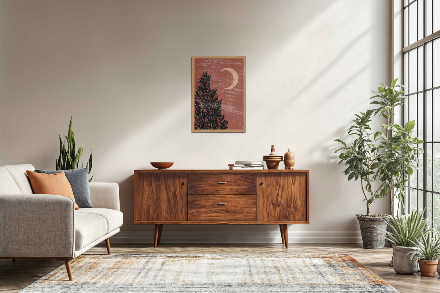 Living Room Sofa Preview of Sacred Moon & Tree – Boho-Inspired Wall Decor in Natrual Color Frame