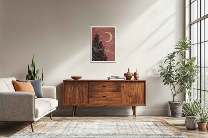 Living Room Sofa Preview of Sacred Moon & Tree – Boho-Inspired Wall Decor in White Color Frame