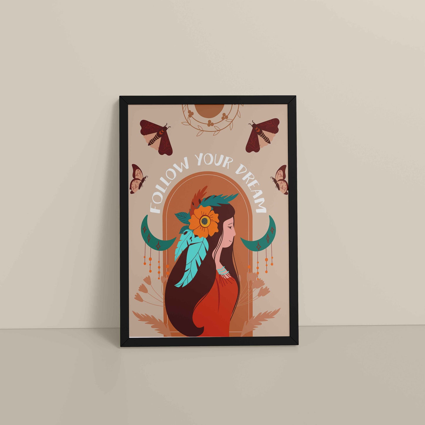 Floor View of Follow Your Dream – Boho Spirit Wall Art in Black Color Frame