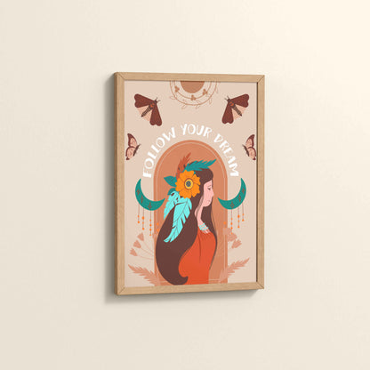 Side View of Follow Your Dream – Boho Spirit Wall Art in Natrual Color Frame
