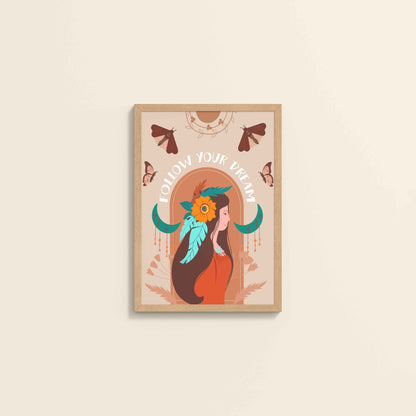 Wall View of Follow Your Dream – Boho Spirit Wall Art in Natrual Color Frame