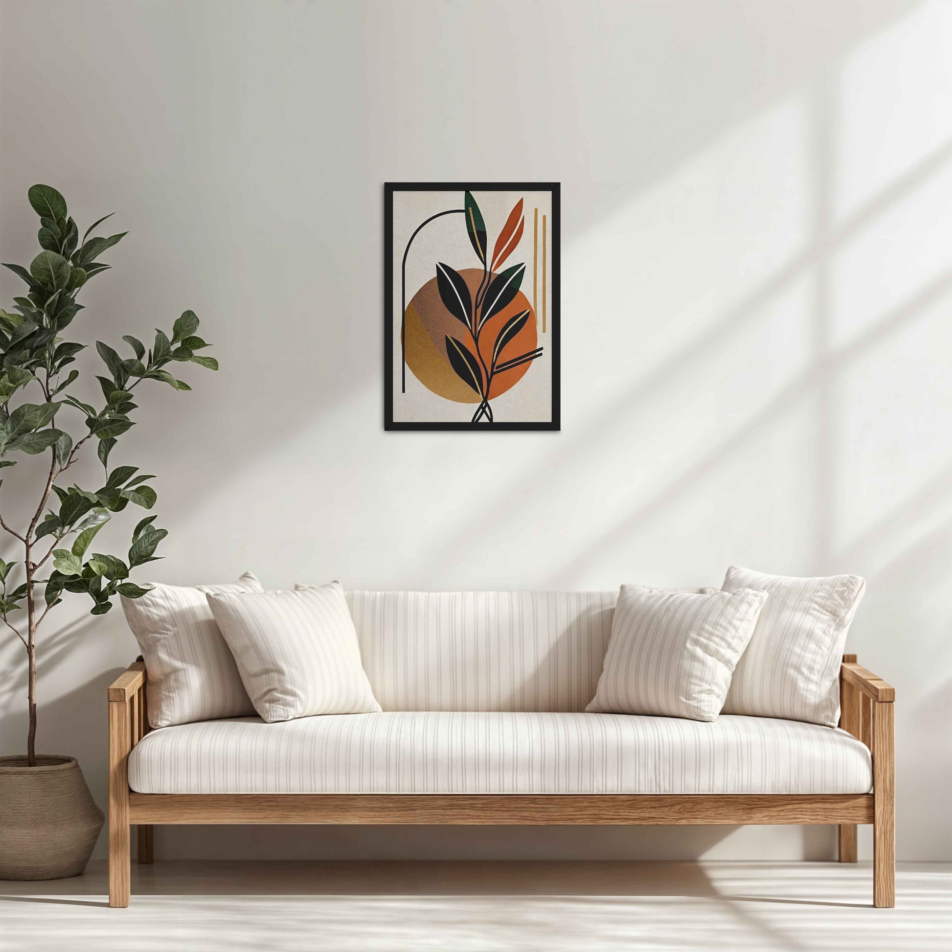 Living Room Cabinet Table Preview of Serene Leaves – Modern Abstract Bohemian Painting in Black Color Frame