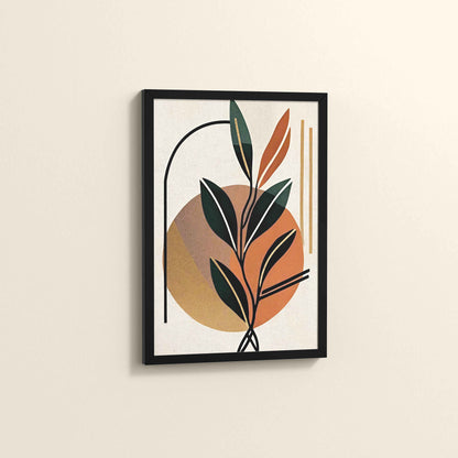 Side View of Serene Leaves – Modern Abstract Bohemian Painting in Black Color Frame