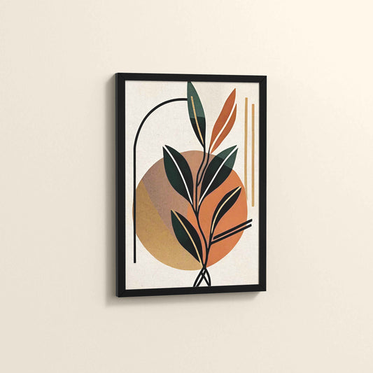 Side View of Serene Leaves – Modern Abstract Bohemian Painting in Black Color Frame