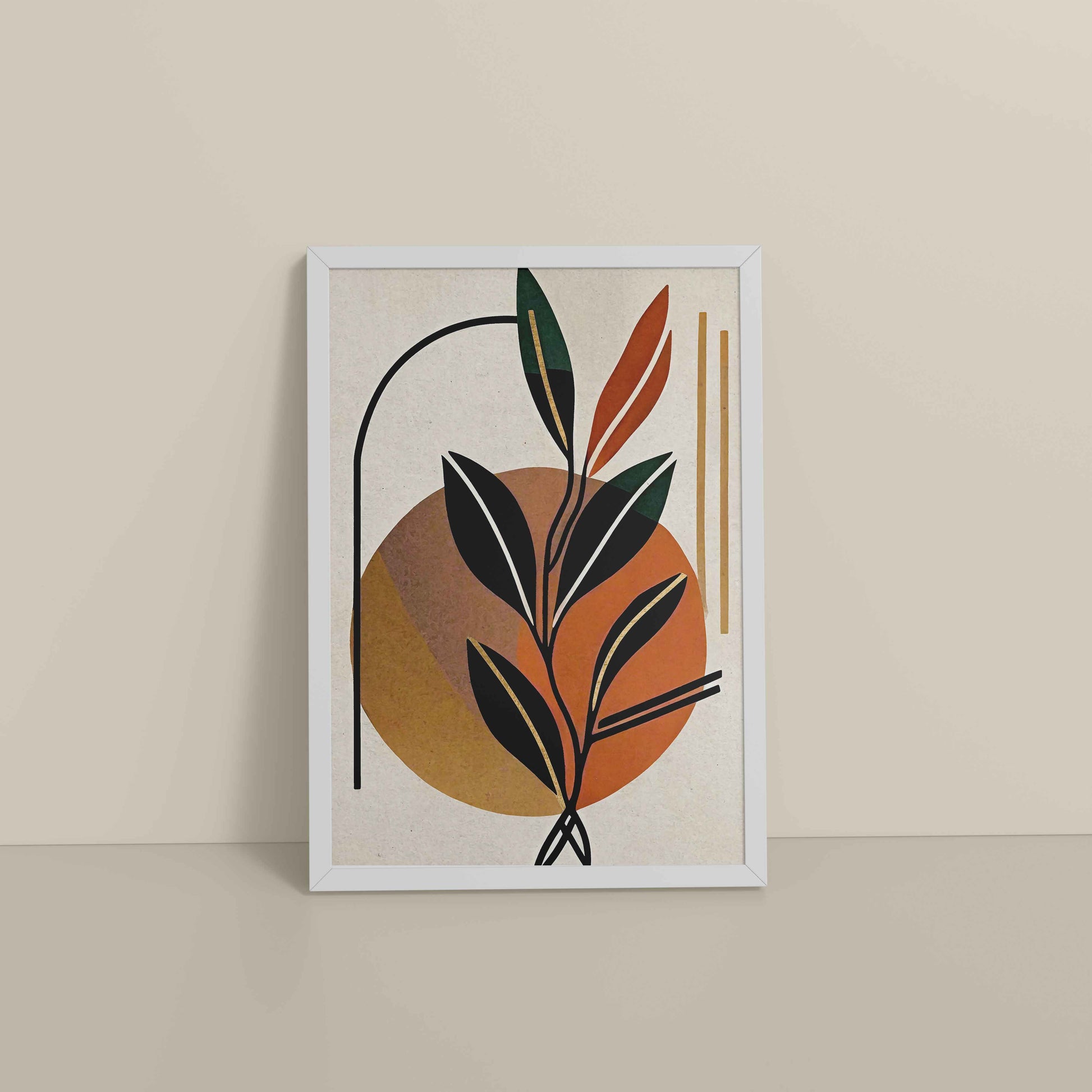 Floor View of Serene Leaves – Modern Abstract Bohemian Painting in White Color Frame
