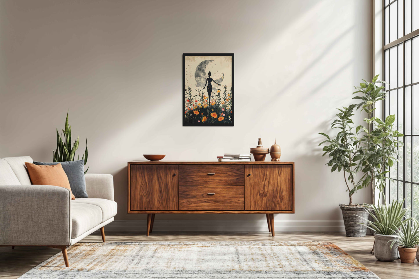 Living Room Sofa Preview of Flower Moon with Girl – Boho Wall Art & Decor in Black Color Frame