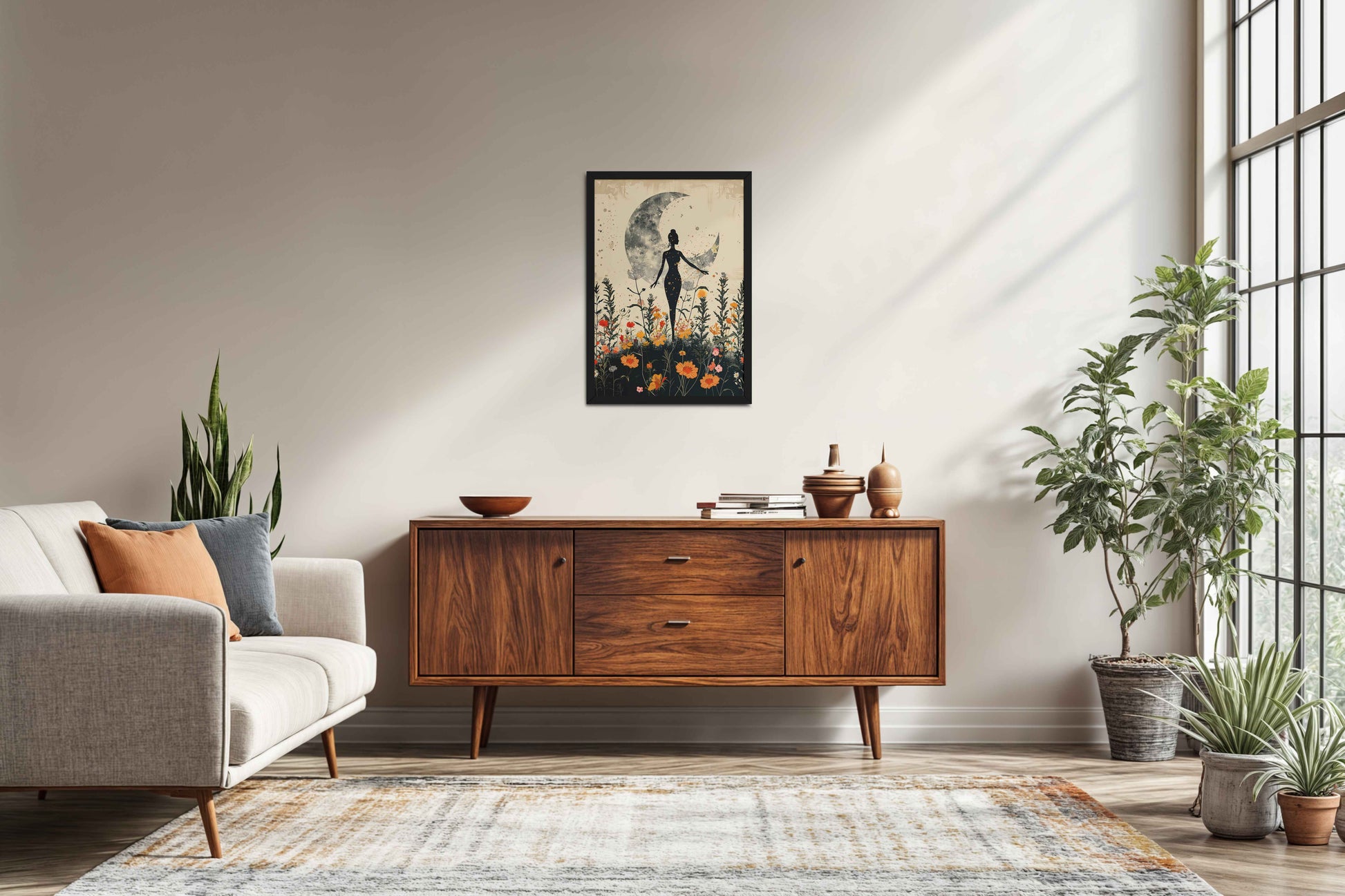 Living Room Sofa Preview of Flower Moon with Girl – Boho Wall Art & Decor in Black Color Frame