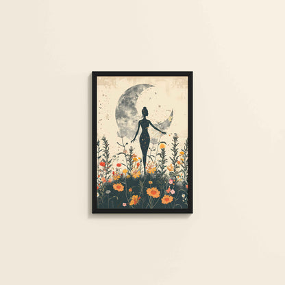 Wall View of Flower Moon with Girl – Boho Wall Art & Decor in Black Color Frame