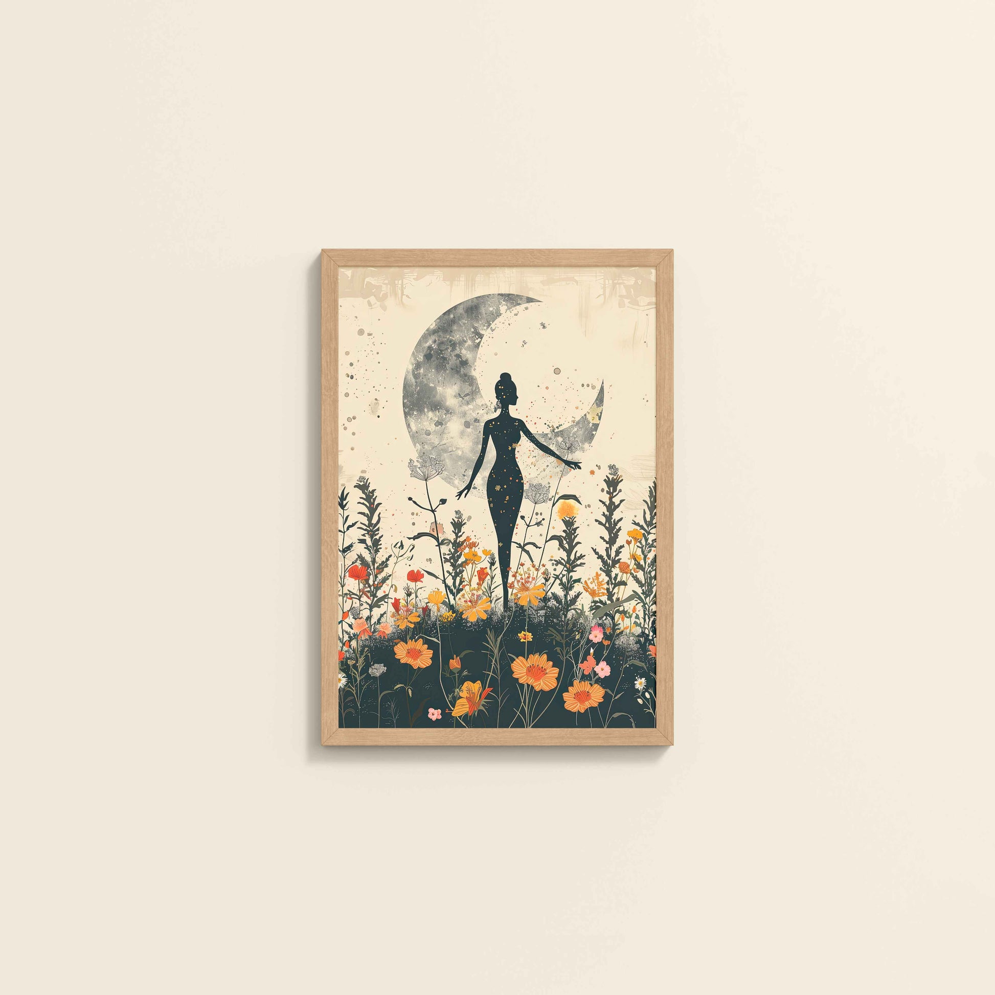 Wall View of Flower Moon with Girl – Boho Wall Art & Decor in Natrual Color Frame