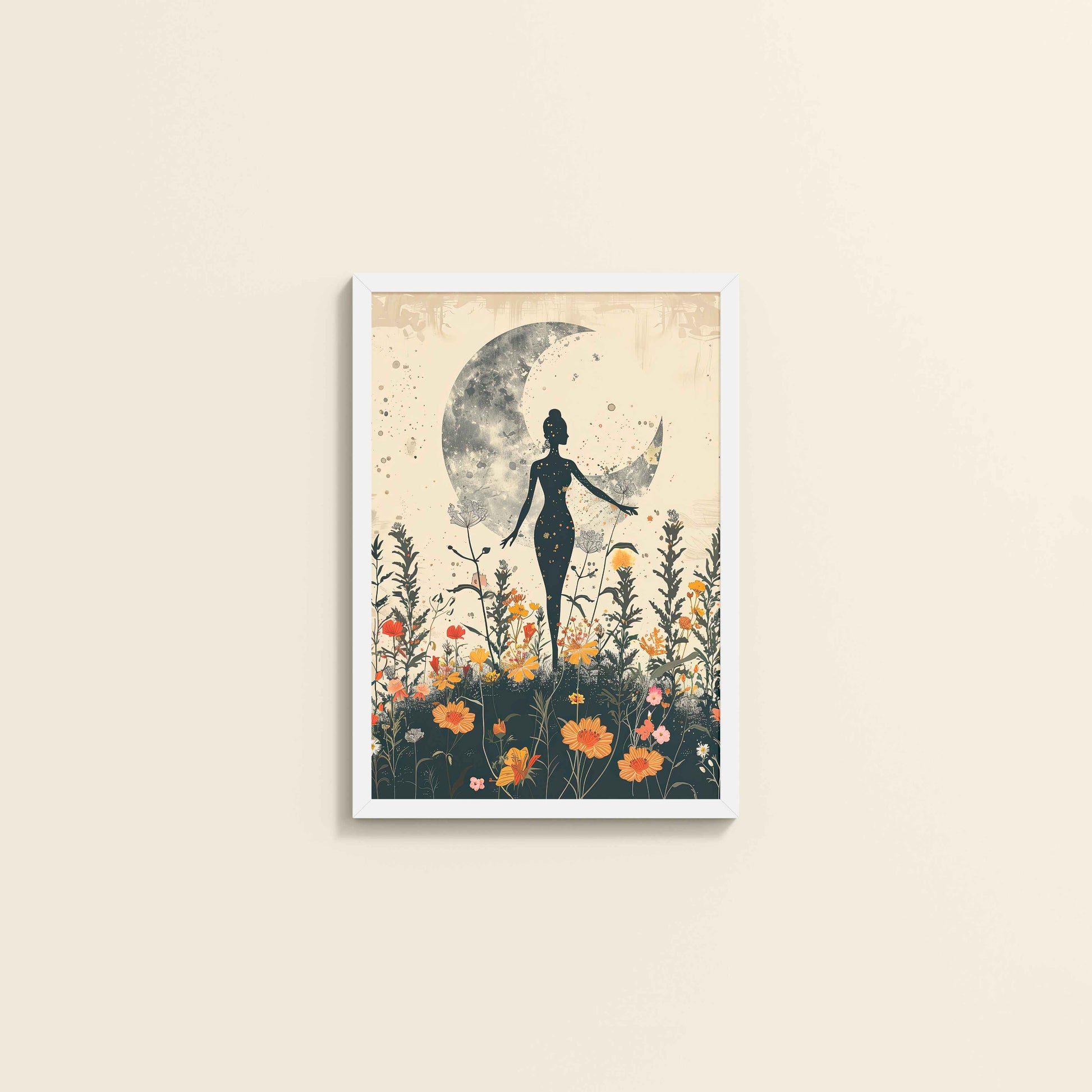 Wall View of Flower Moon with Girl – Boho Wall Art & Decor in White Color Frame