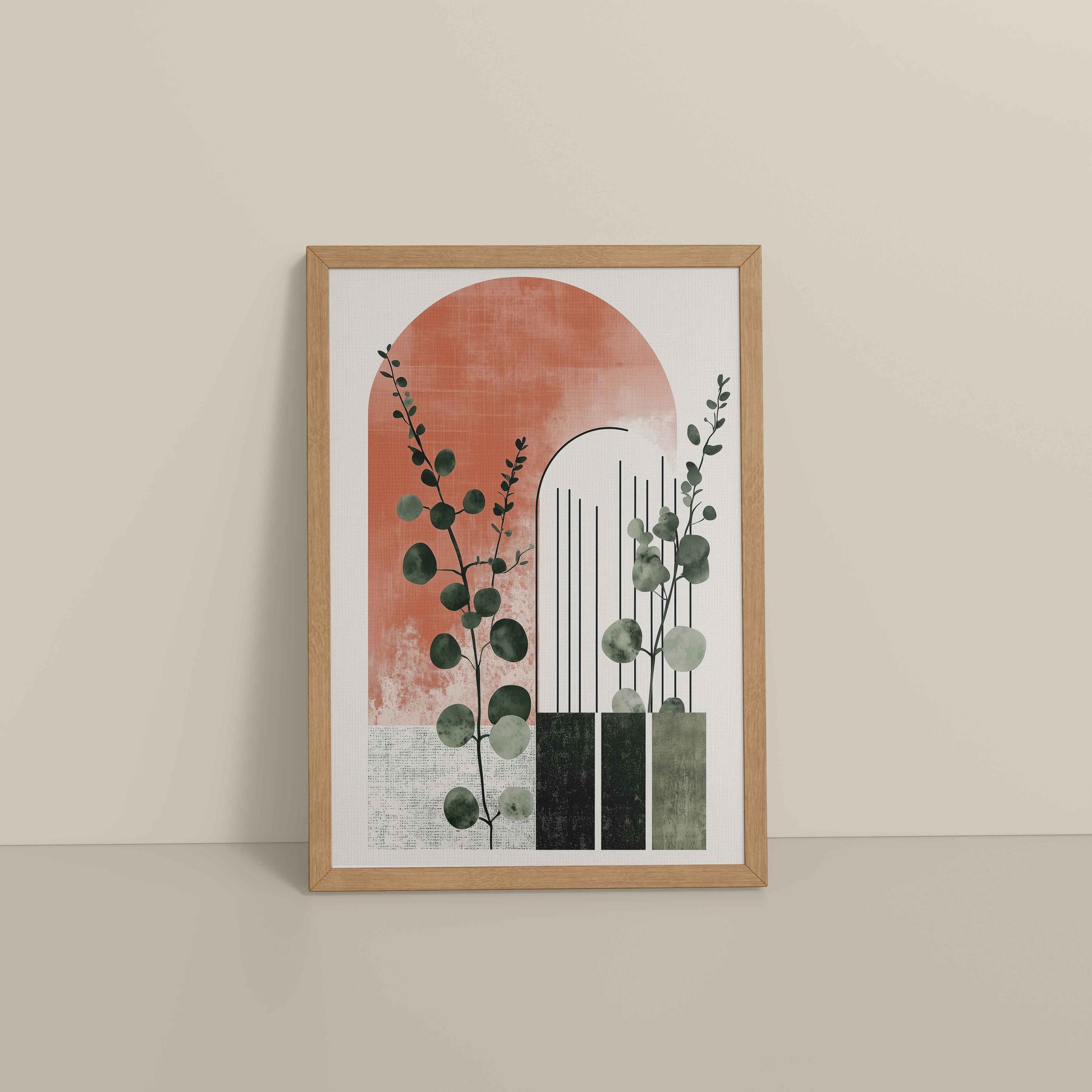 Floor View of Modern Nature – Abstract Botanical Arch Wall Art in Natrual Color Frame