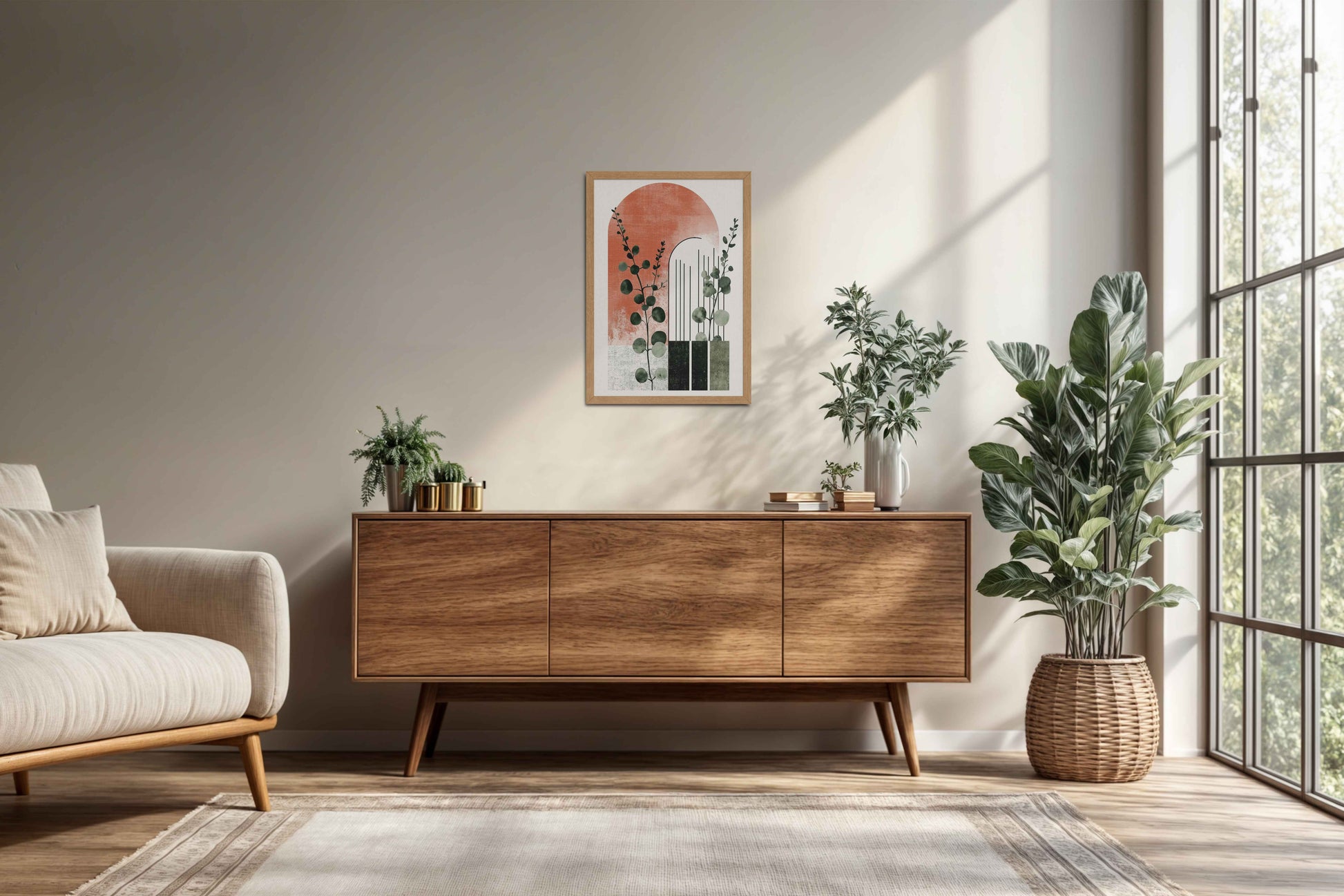 Living Room Cabinet Preview of Modern Nature – Abstract Botanical Arch Wall Art in Natrual Color Frame