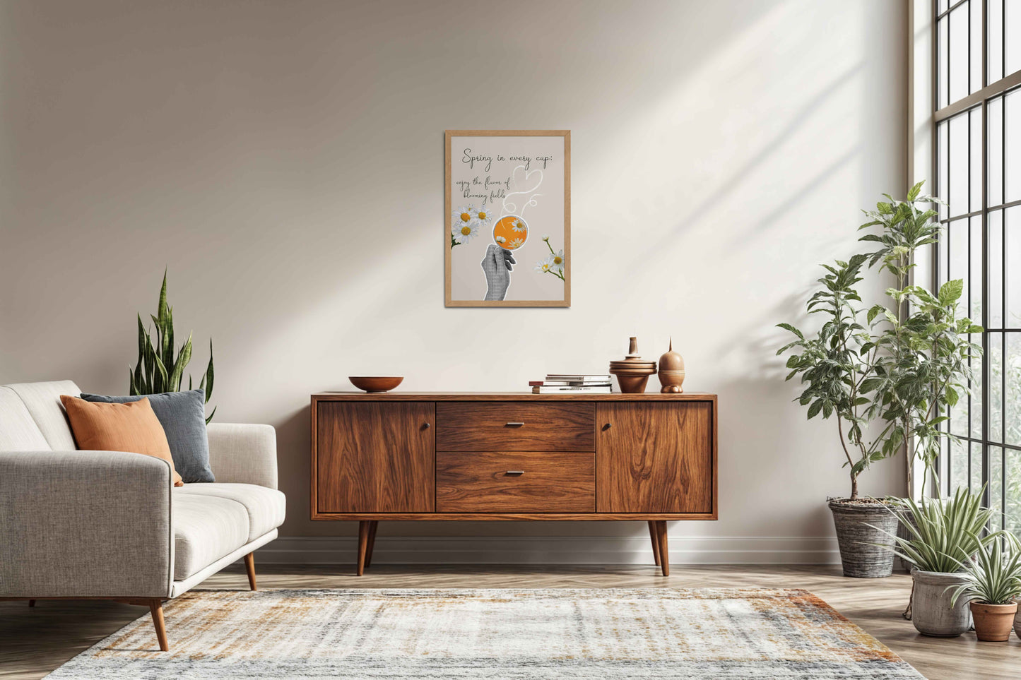 Living Room Sofa Preview of Spring in Every Cup – Floral Wall Art Photo Frame in Natrual Color Frame