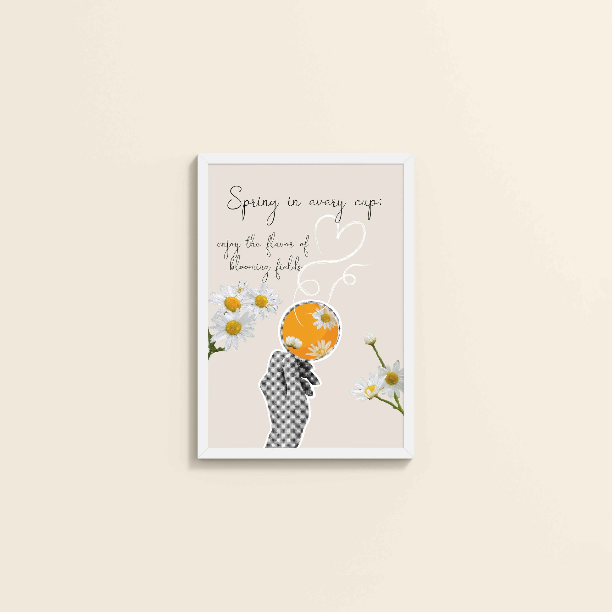 Wall View of Spring in Every Cup – Floral Wall Art Photo Frame in White Color Frame