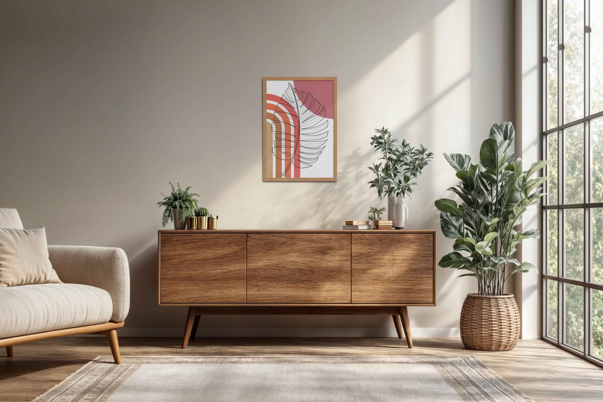 Living Room Cabinet Preview of Minimal Leaf Flow – Boho Line Art Frame in Natrual Color Frame