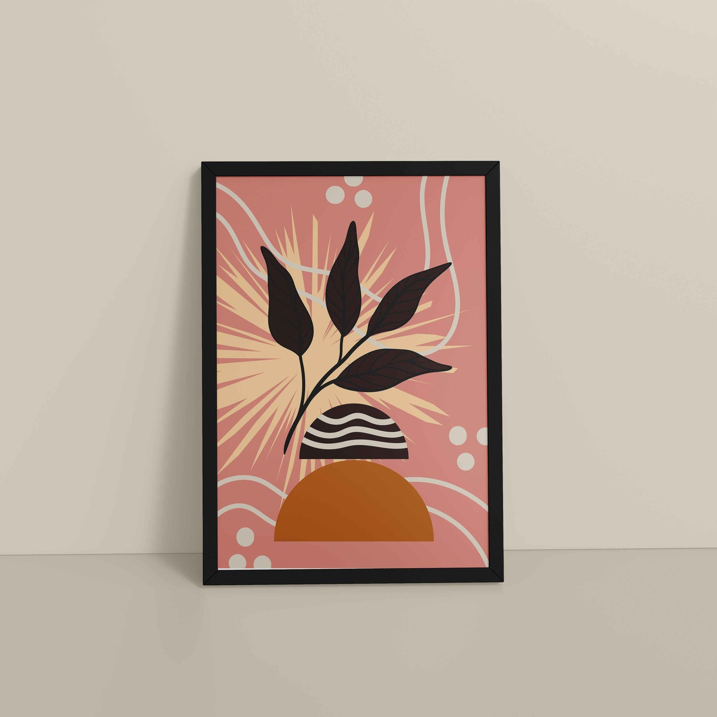 Floor View of Boho-Inspired Leaf Artwork in Elegant Frame in Black Color Frame