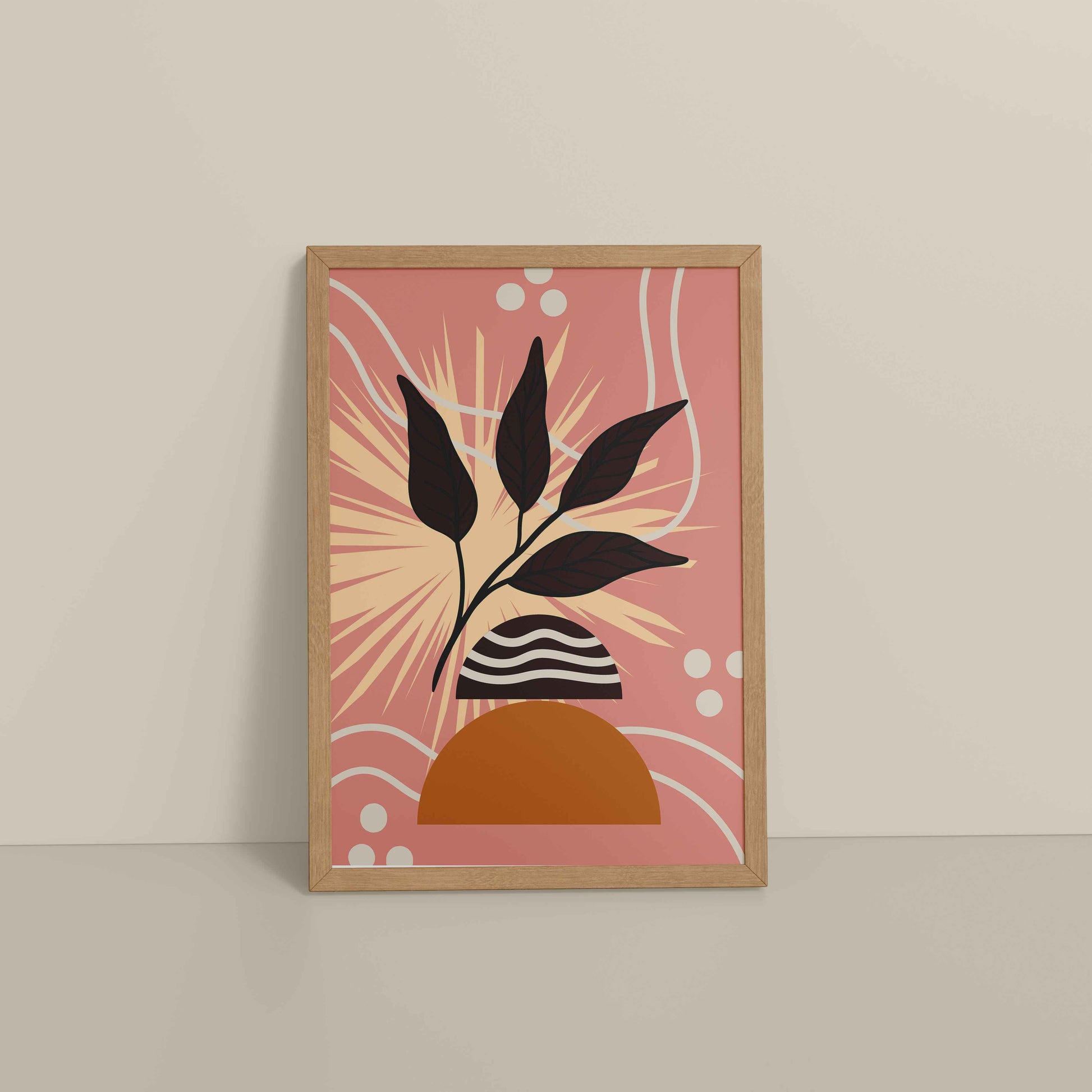 Floor View of Boho-Inspired Leaf Artwork in Elegant Frame in Natrual Color Frame