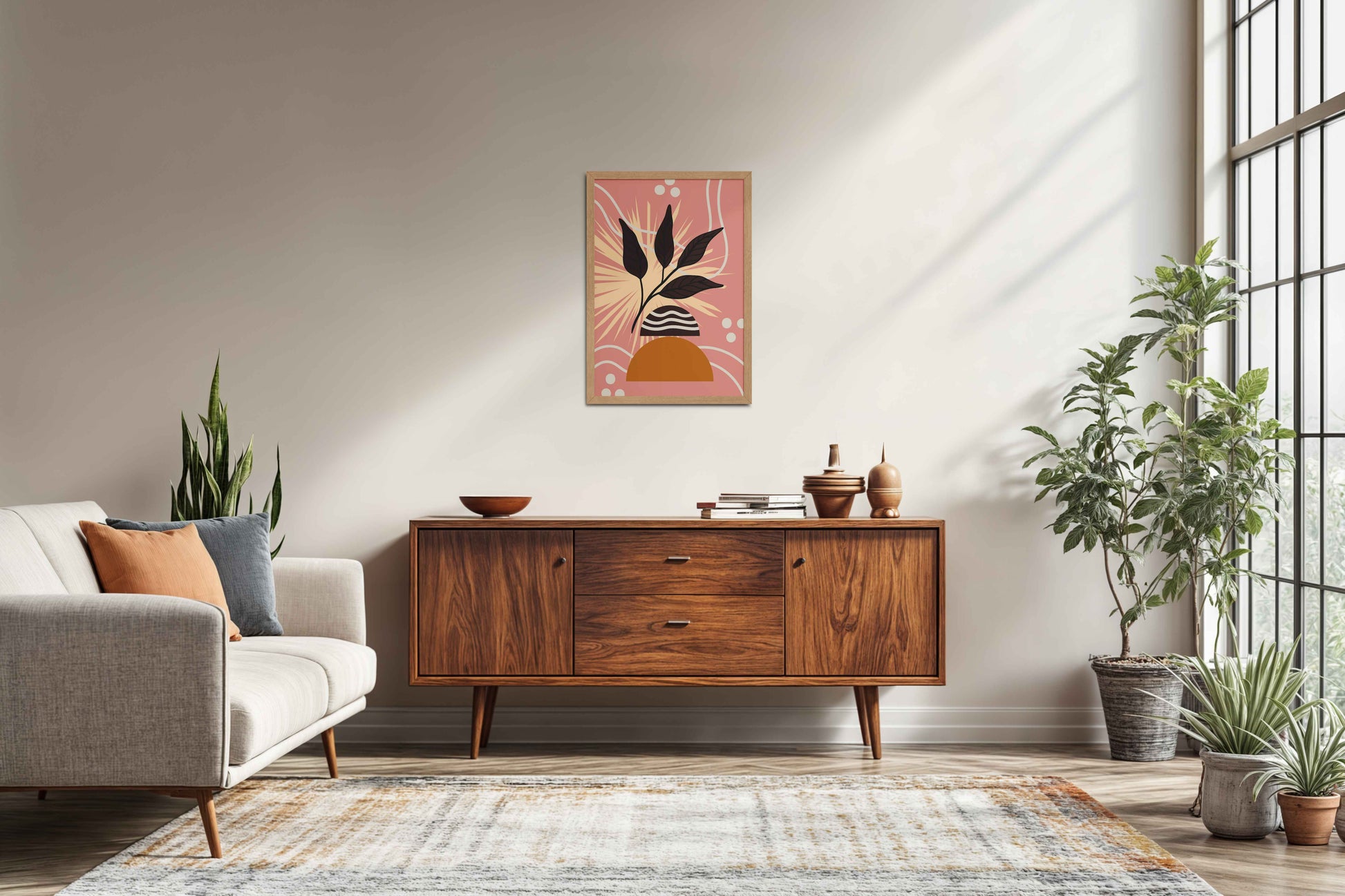 Living Room Sofa Preview of Boho-Inspired Leaf Artwork in Elegant Frame in Natrual Color Frame