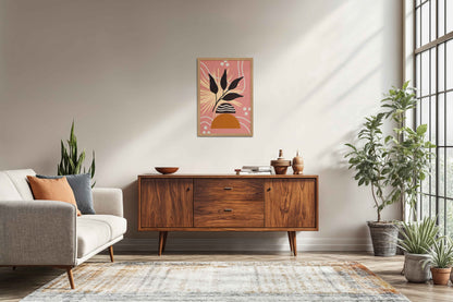 Living Room Sofa Preview of Boho-Inspired Leaf Artwork in Elegant Frame in Natrual Color Frame