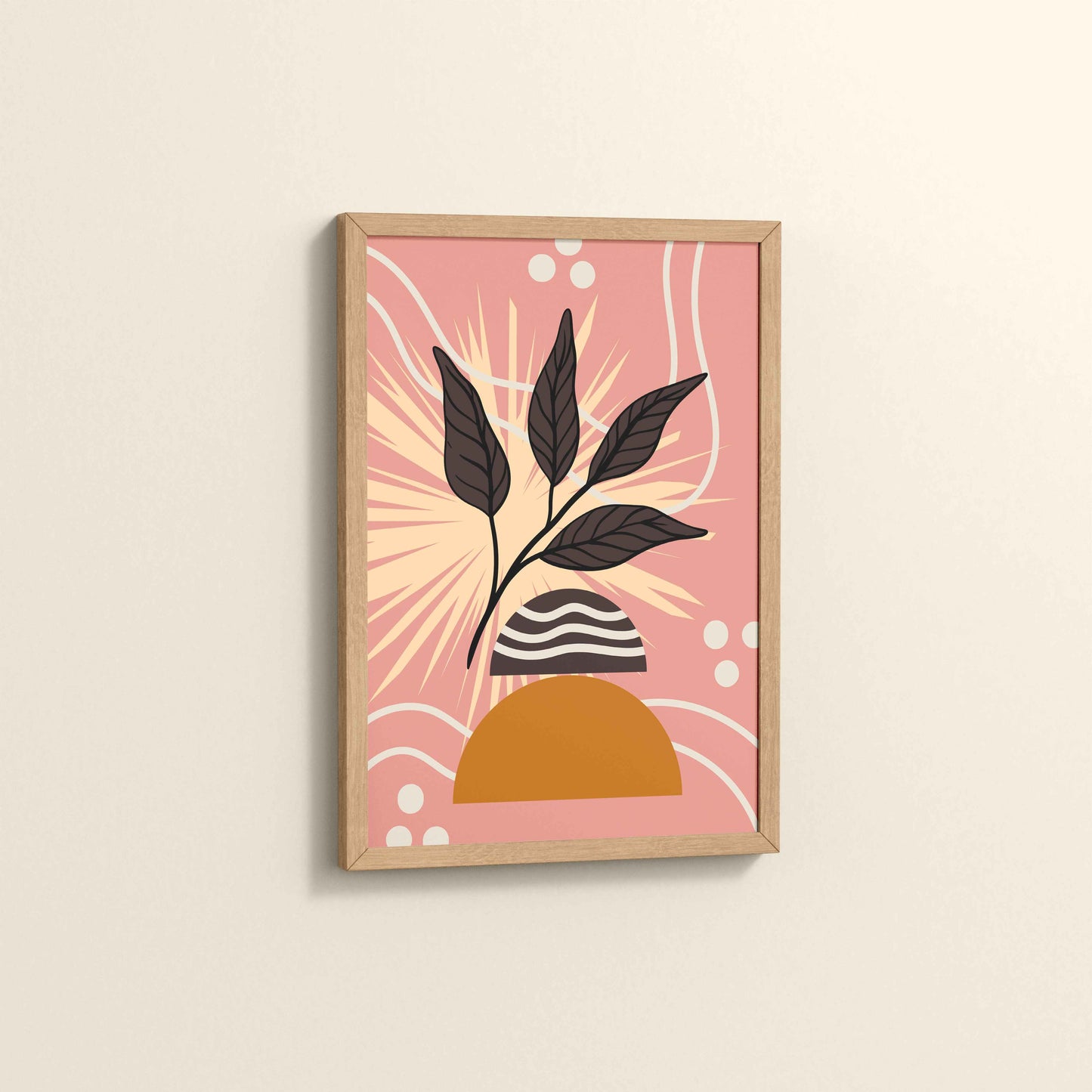 Side View of Boho-Inspired Leaf Artwork in Elegant Frame in Natrual Color Frame