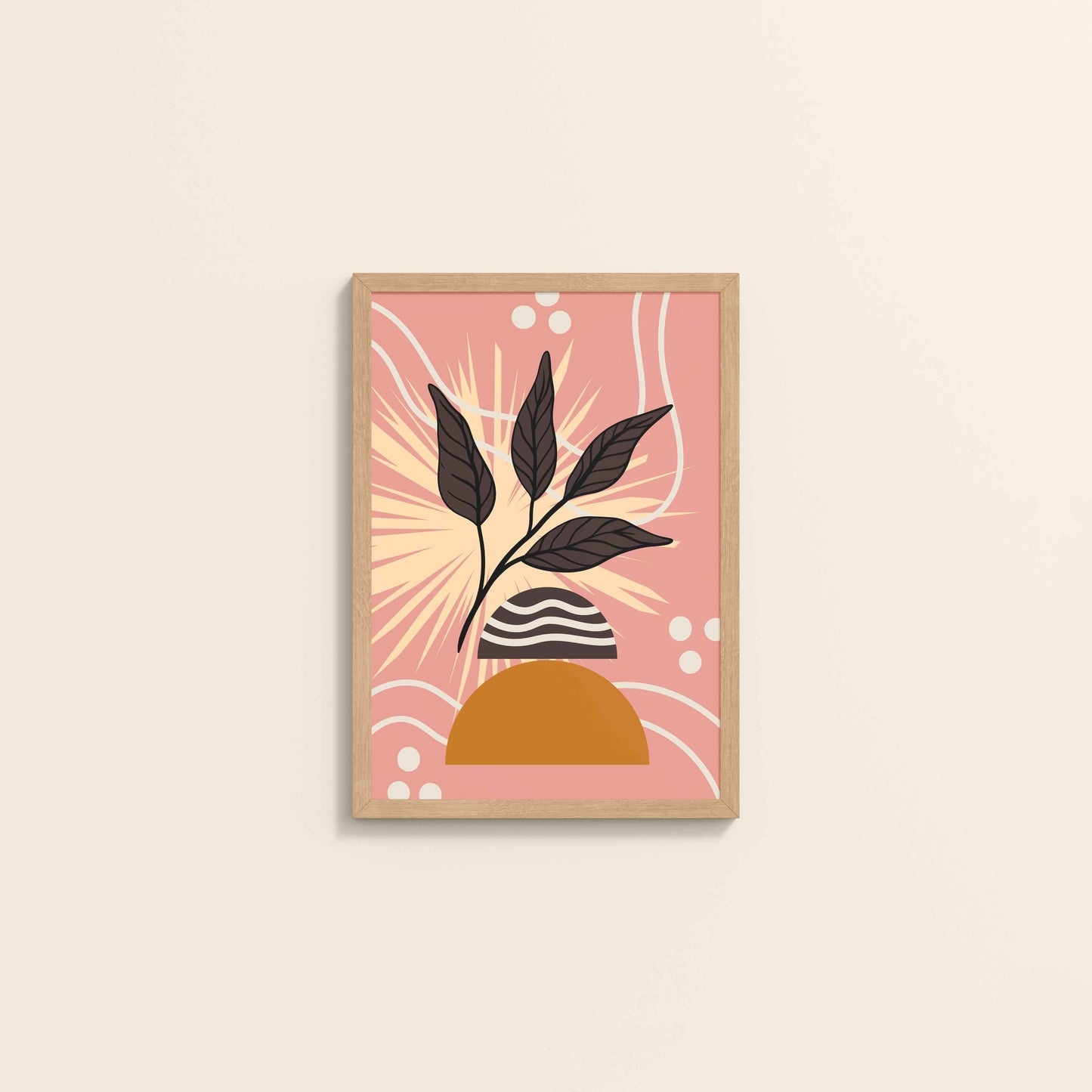 Wall View of Boho-Inspired Leaf Artwork in Elegant Frame in Natrual Color Frame