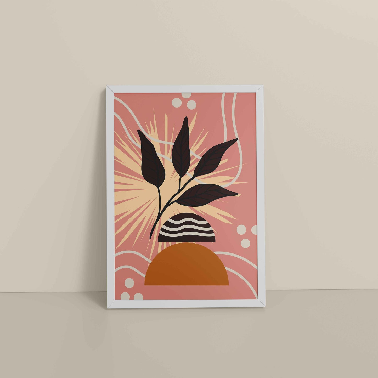 Floor View of Boho-Inspired Leaf Artwork in Elegant Frame in White Color Frame