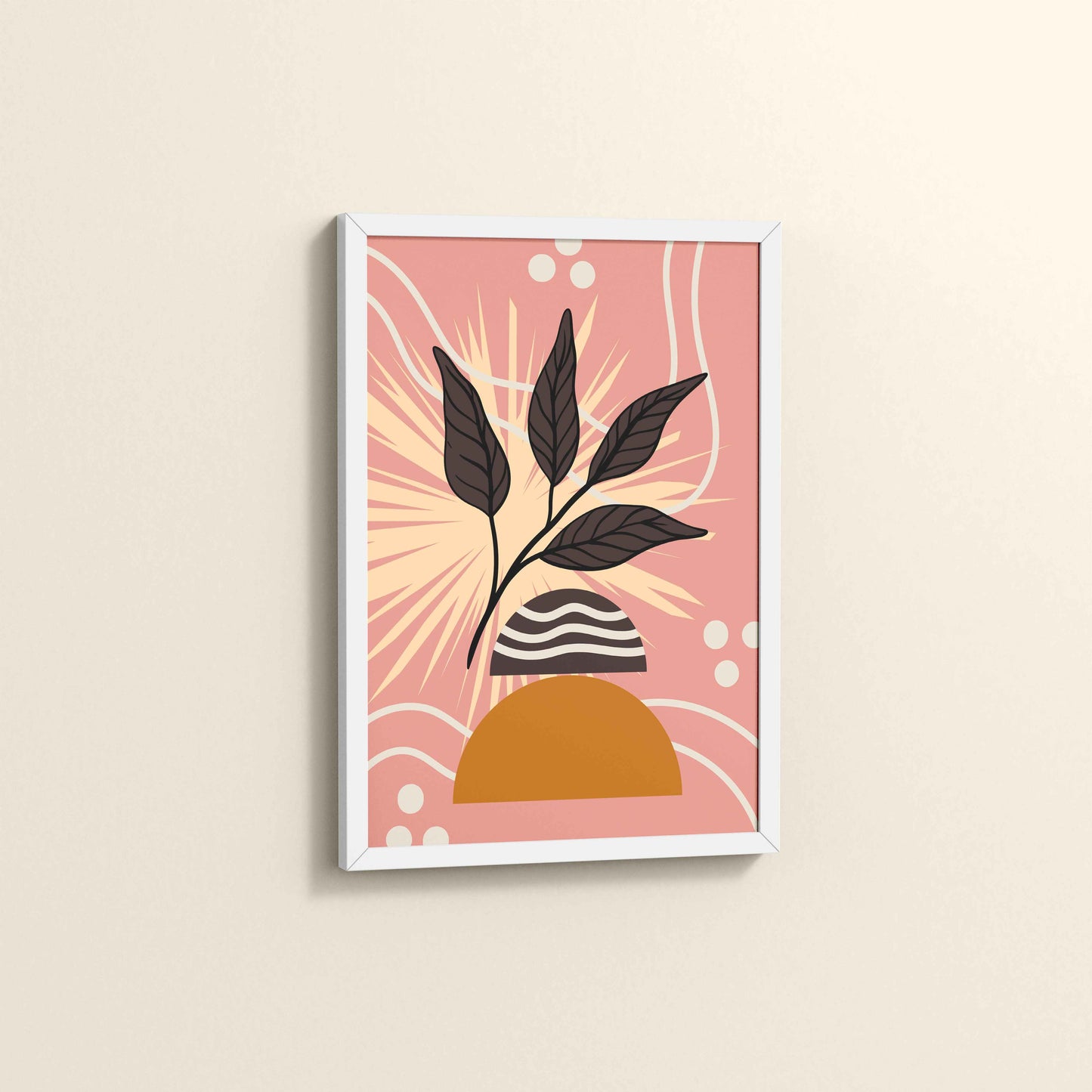 Side View of Boho-Inspired Leaf Artwork in Elegant Frame in White Color Frame