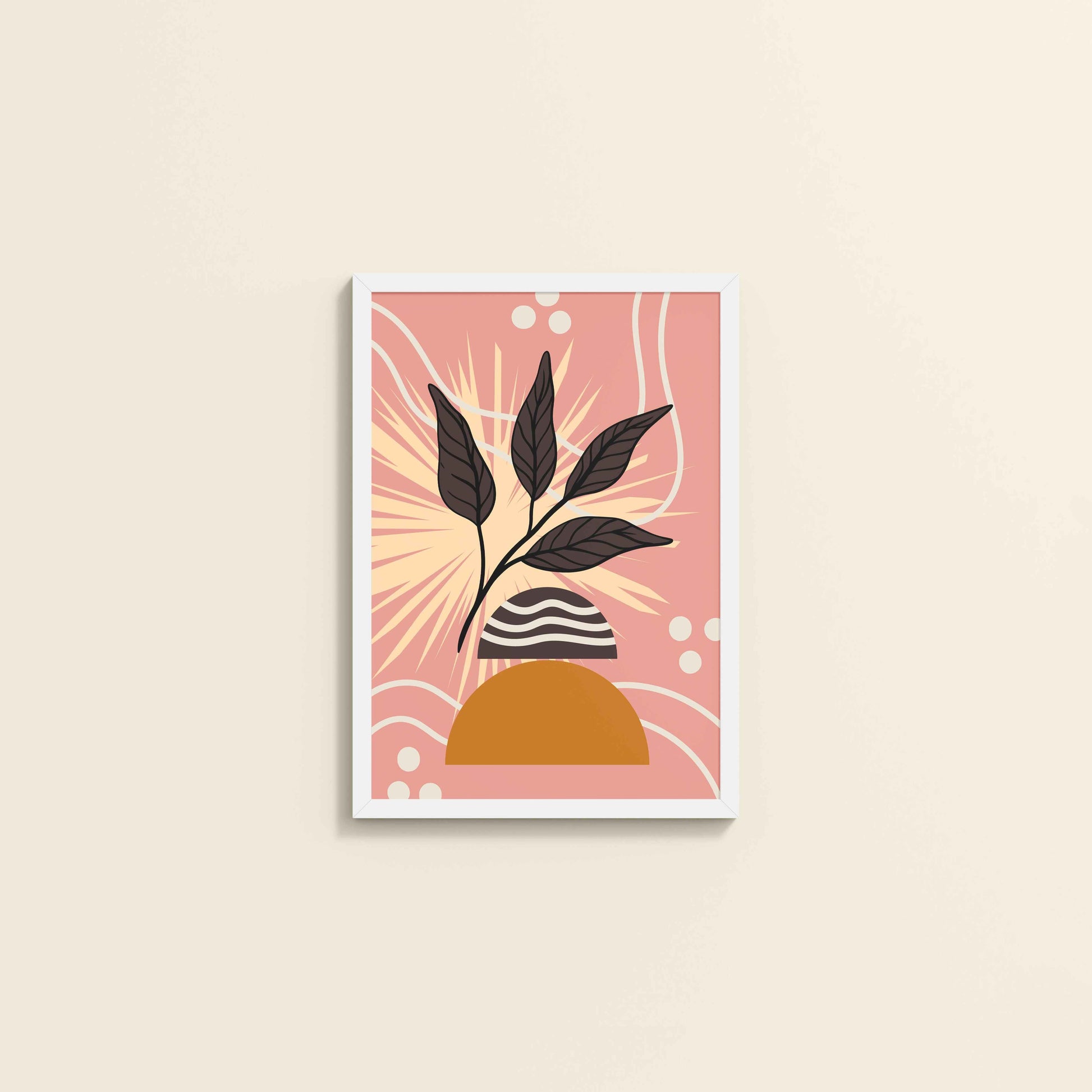 Wall View of Boho-Inspired Leaf Artwork in Elegant Frame in White Color Frame