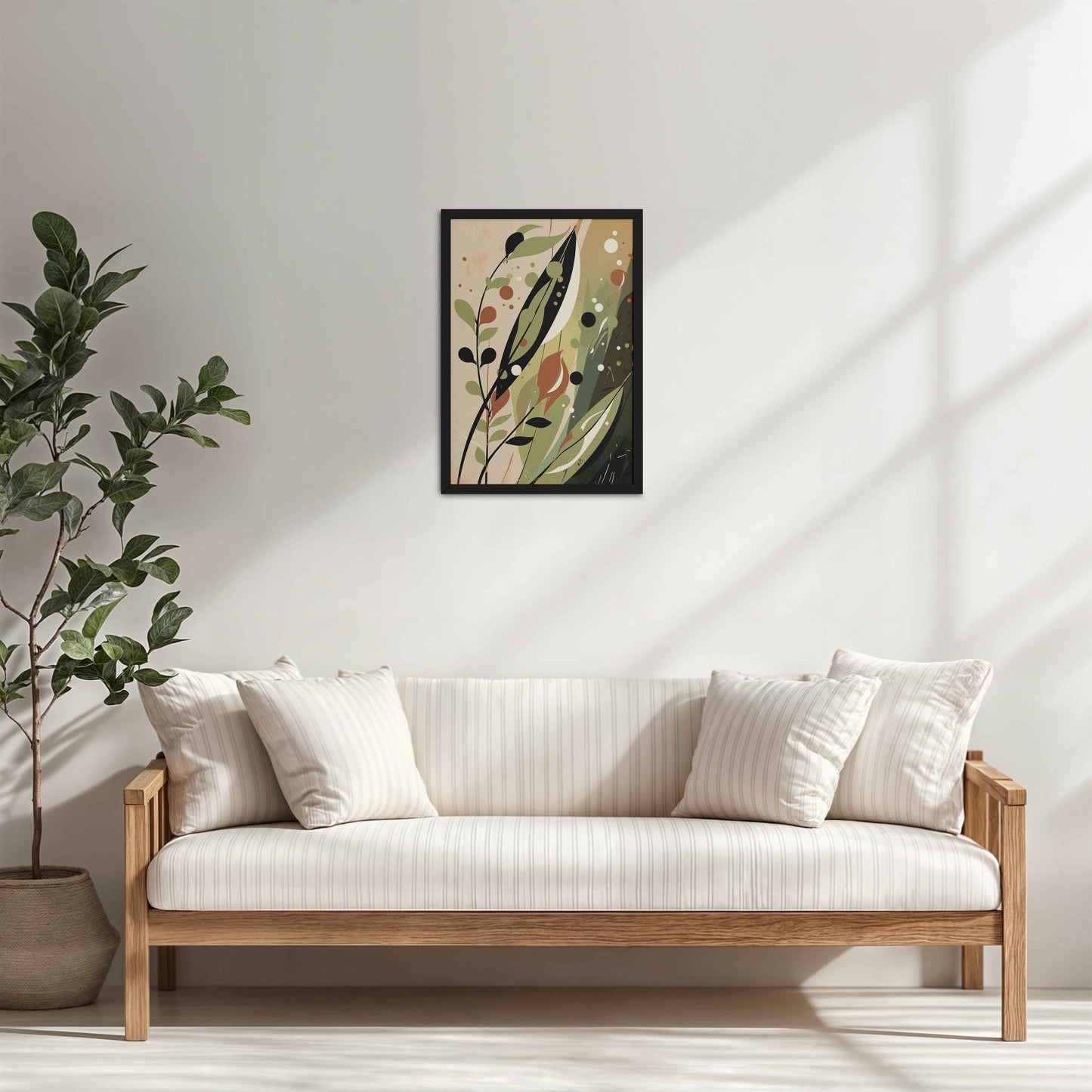 Living Room Cabinet Table Preview of Earthy Toned Leaves – Nature & Geometry Wall Art Framed in Black Color Frame