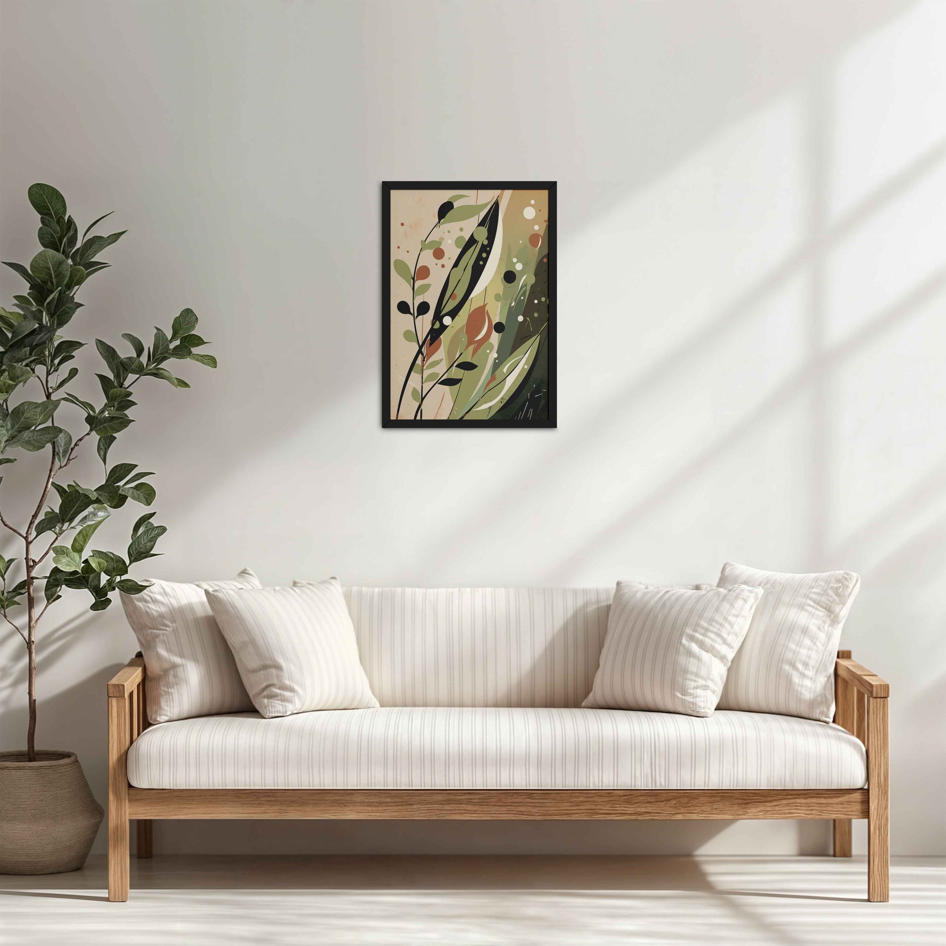 Living Room Cabinet Table Preview of Earthy Toned Leaves – Nature & Geometry Wall Art Framed in Black Color Frame