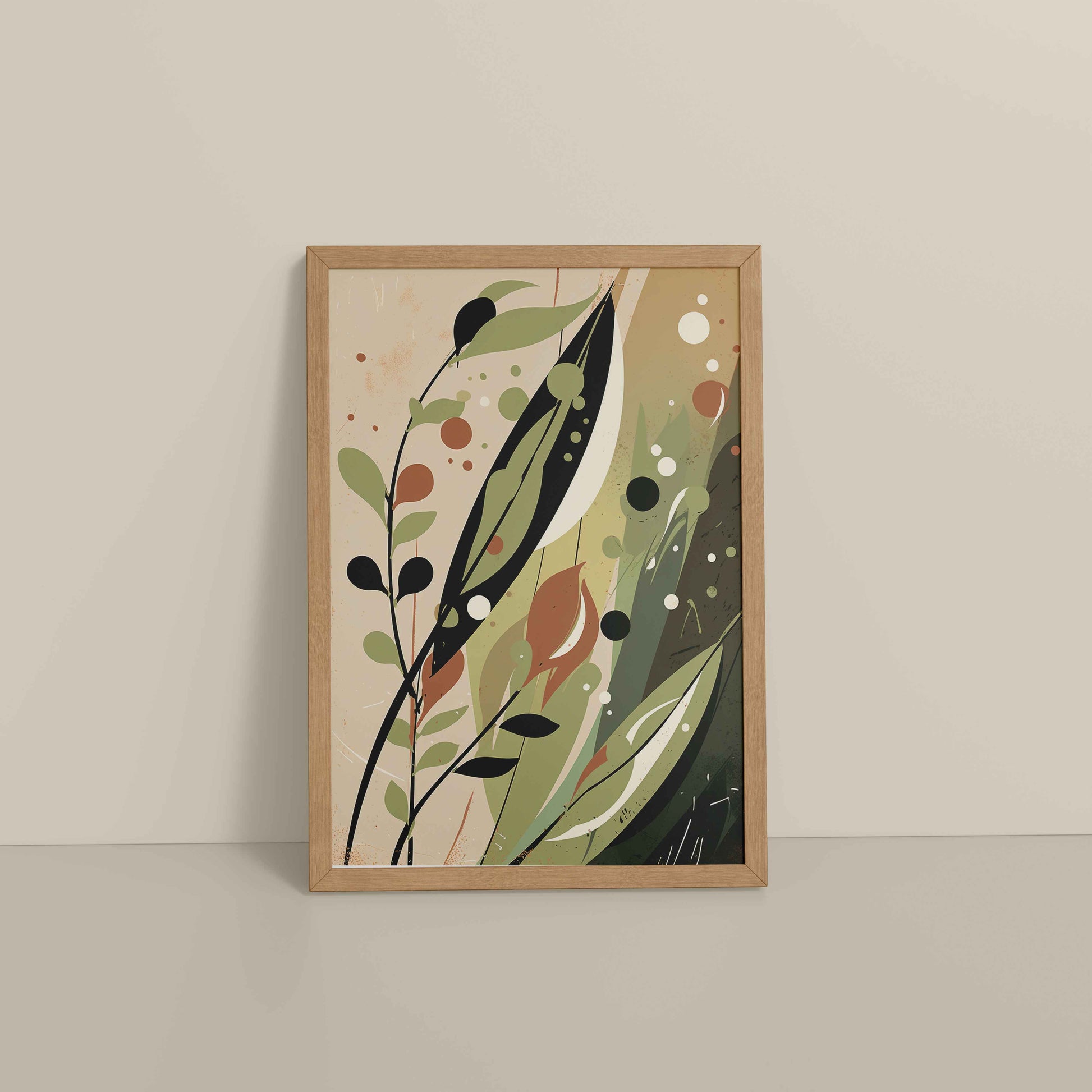 Floor View of Earthy Toned Leaves – Nature & Geometry Wall Art Framed in Natrual Color Frame