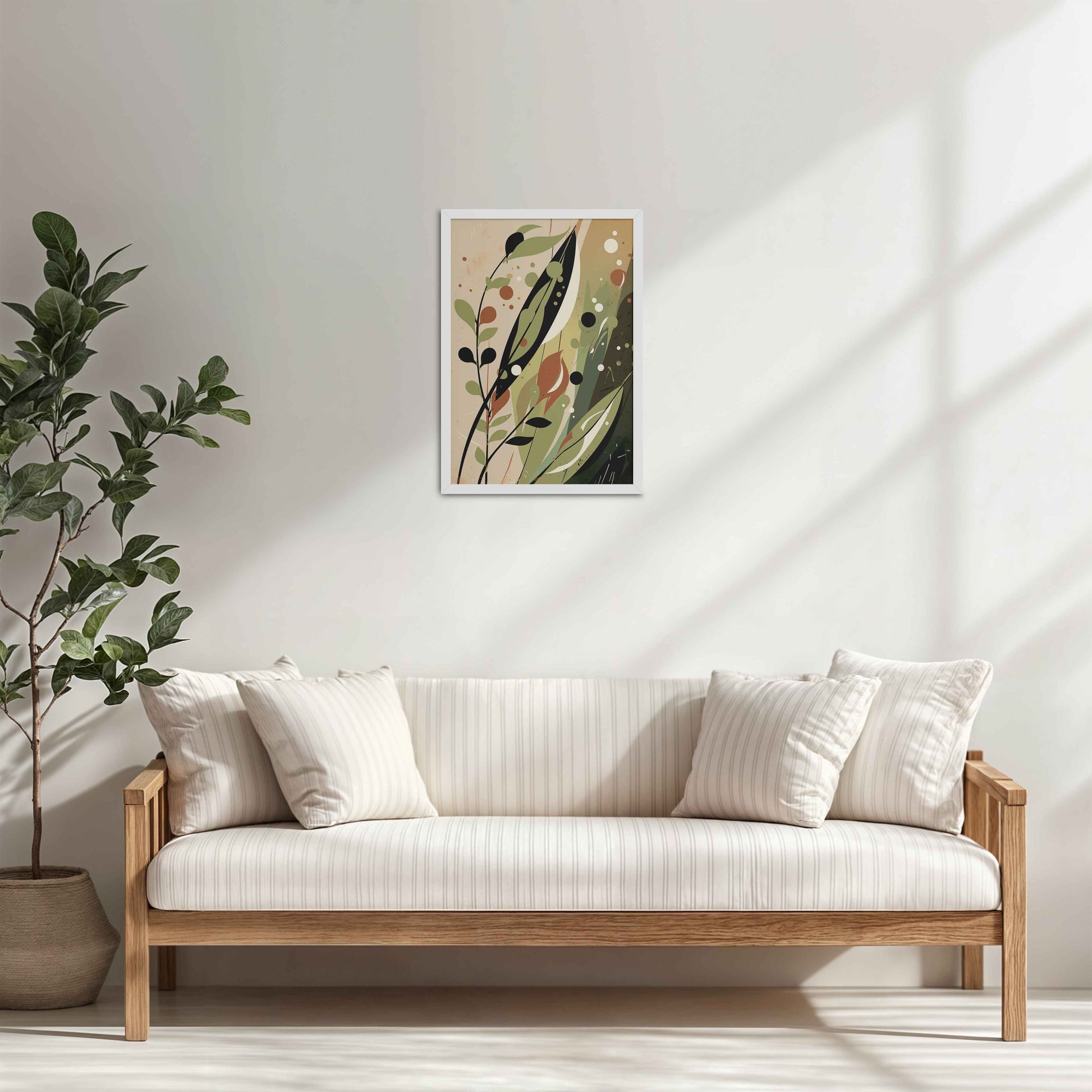 Living Room Cabinet Table Preview of Earthy Toned Leaves – Nature & Geometry Wall Art Framed in White Color Frame