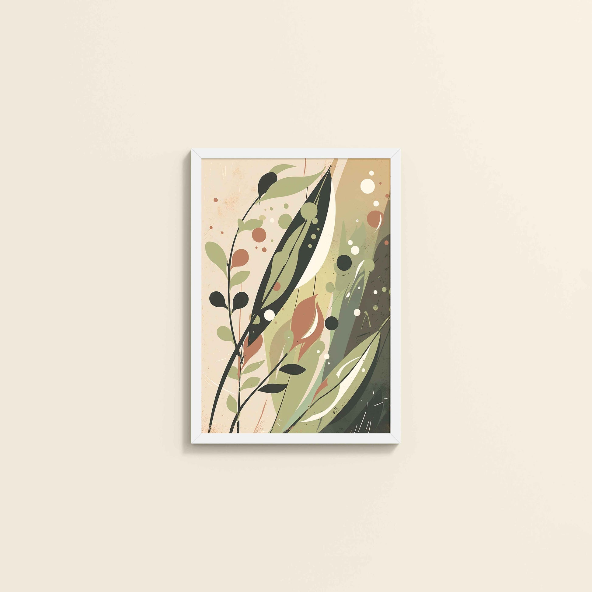 Wall View of Earthy Toned Leaves – Nature & Geometry Wall Art Framed in White Color Frame