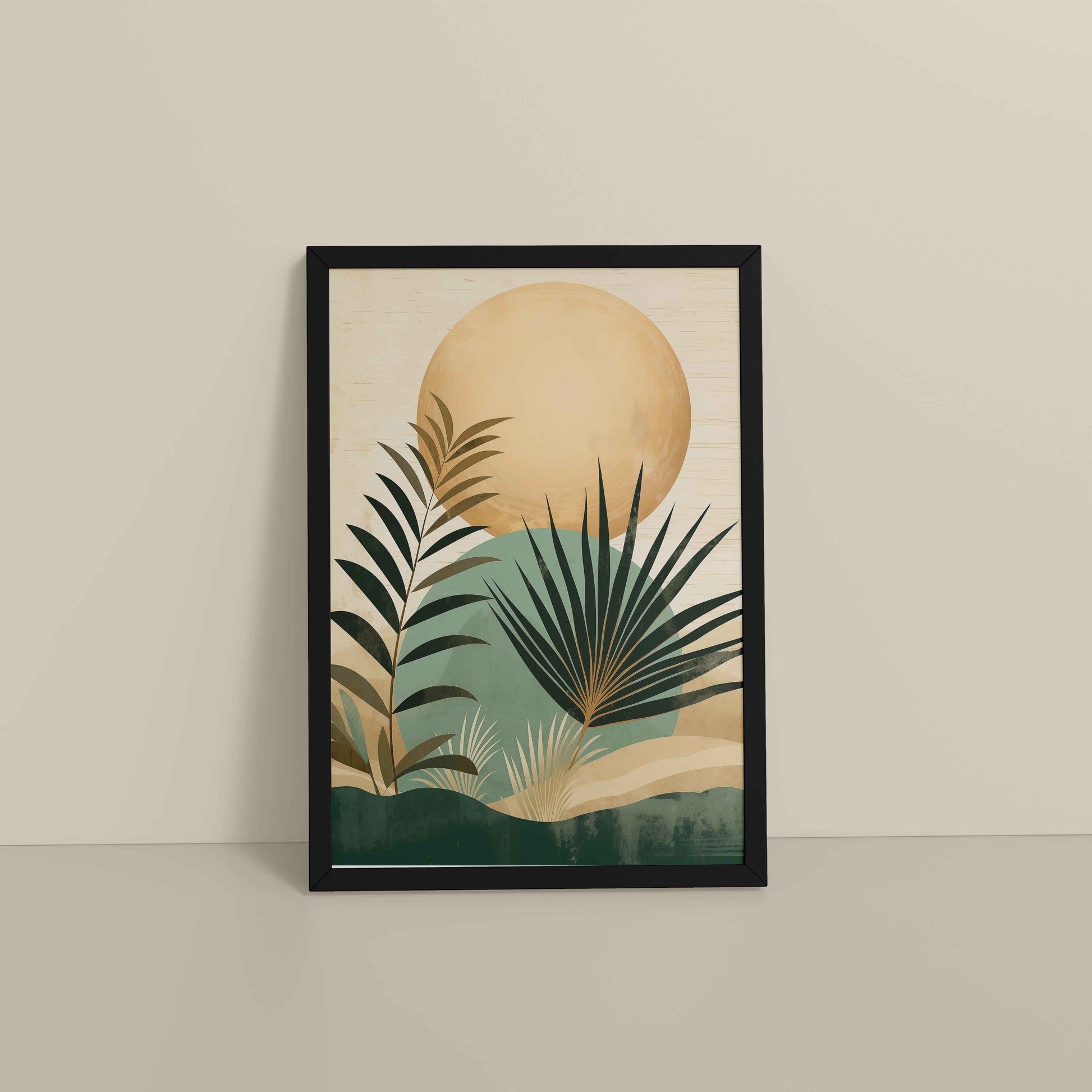 Floor View of Abstract Tropical Palm Leaves – Boho Framed Wall Art in Black Color Frame