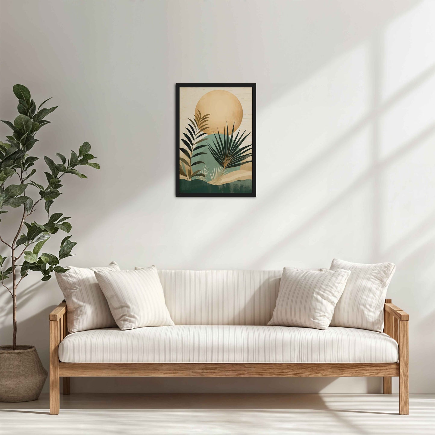 Living Room Cabinet Table Preview of Abstract Tropical Palm Leaves – Boho Framed Wall Art in Black Color Frame