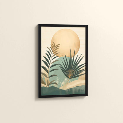 Side View of Abstract Tropical Palm Leaves – Boho Framed Wall Art in Black Color Frame