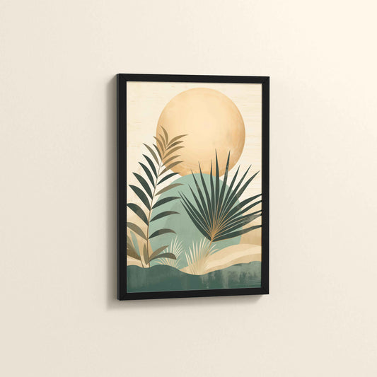 Side View of Abstract Tropical Palm Leaves – Boho Framed Wall Art in Black Color Frame