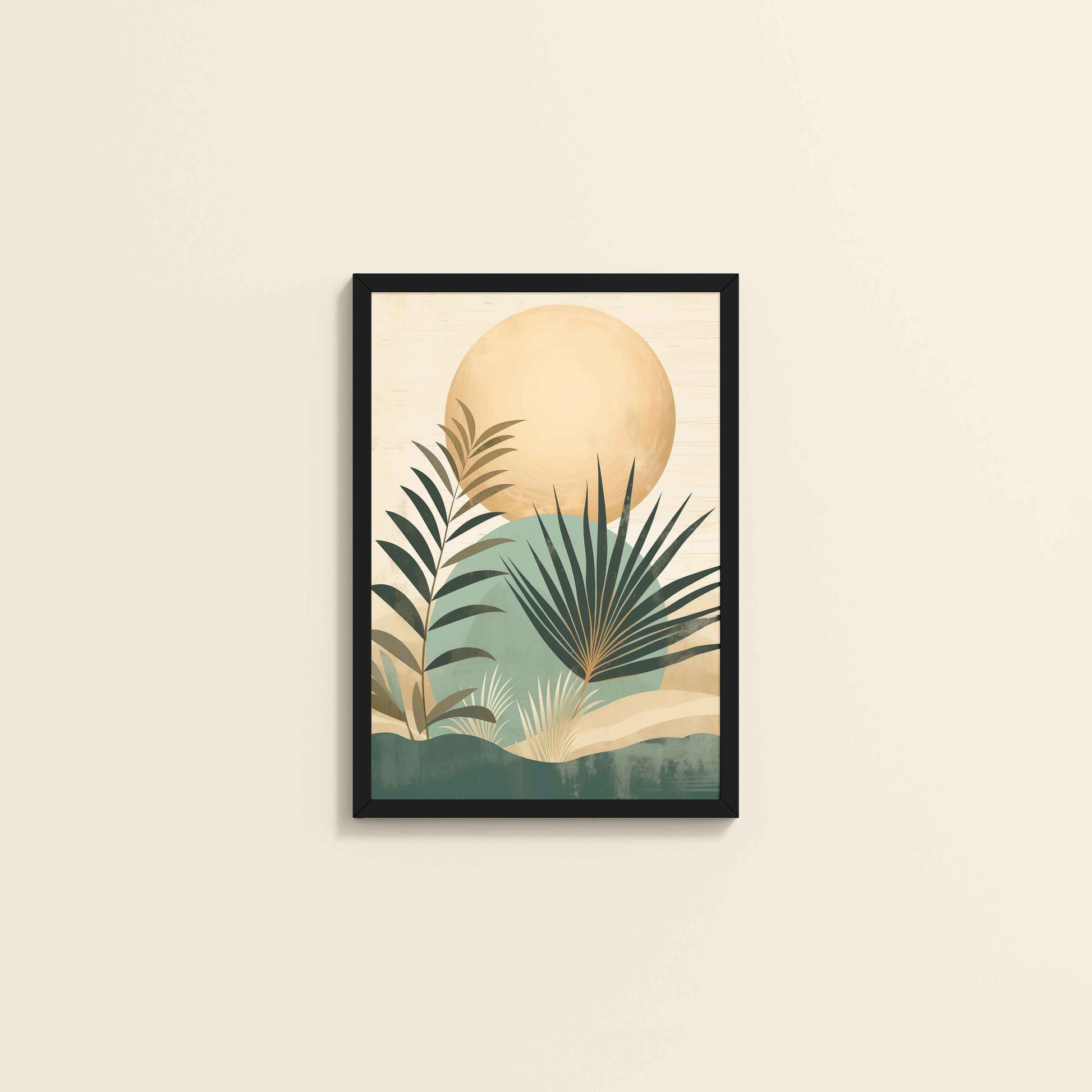 Wall View of Abstract Tropical Palm Leaves – Boho Framed Wall Art in Black Color Frame