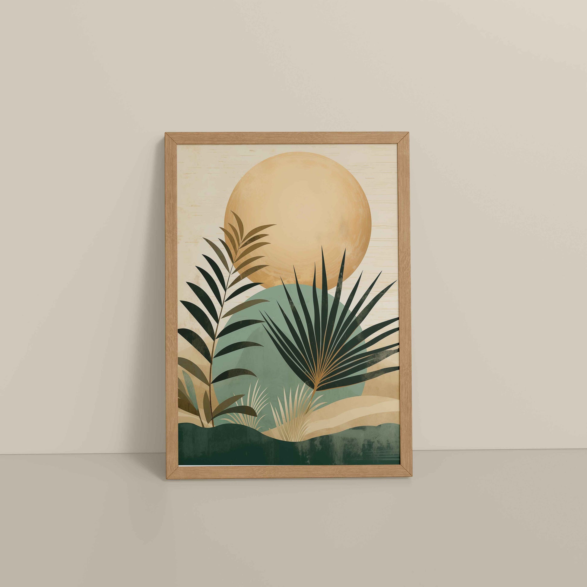 Floor View of Abstract Tropical Palm Leaves – Boho Framed Wall Art in Natrual Color Frame