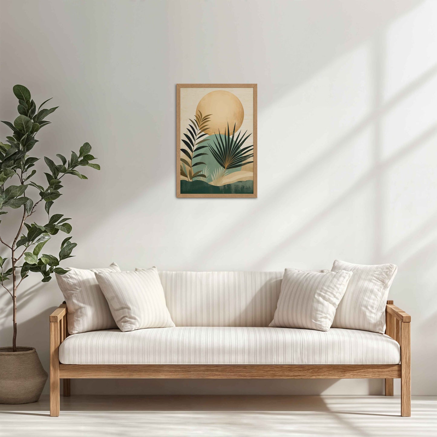 Living Room Cabinet Table Preview of Abstract Tropical Palm Leaves – Boho Framed Wall Art in Natrual Color Frame