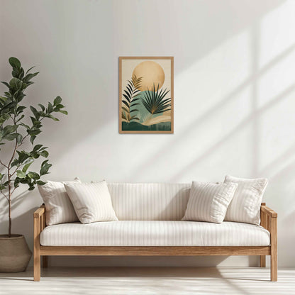 Living Room Cabinet Table Preview of Abstract Tropical Palm Leaves – Boho Framed Wall Art in Natrual Color Frame