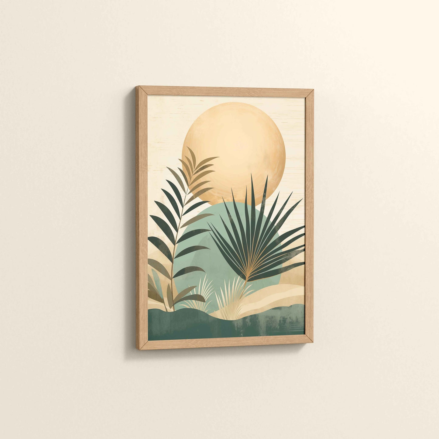 Side View of Abstract Tropical Palm Leaves – Boho Framed Wall Art in Natrual Color Frame